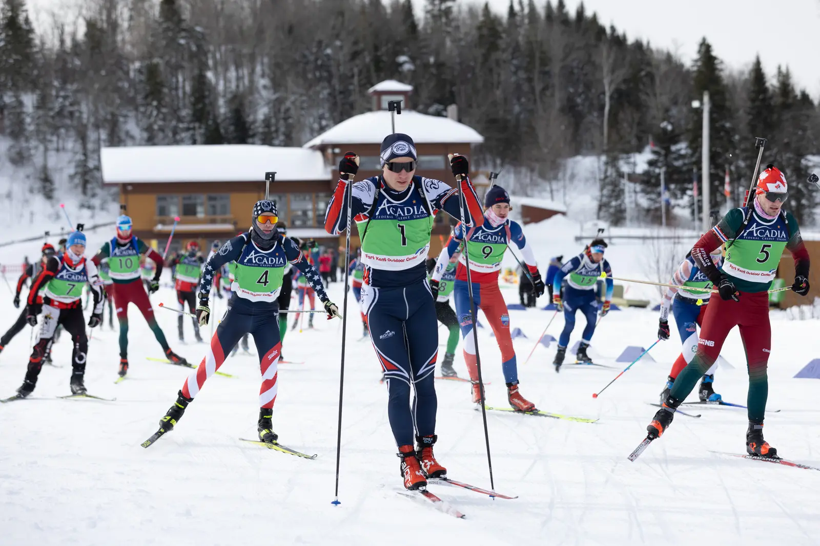 Skiers at the start of a mass-start race at Fort Kent Outdoor Center