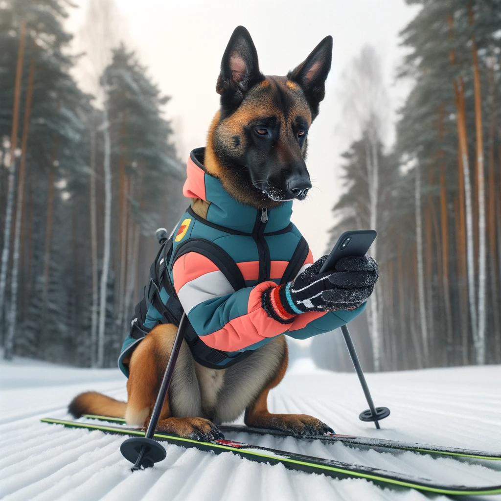 dog skiing and looking at phone